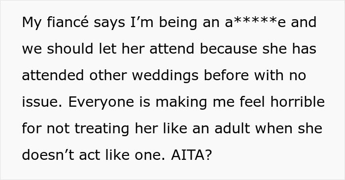 Text discussing exclusion from a child-free wedding, mentioning a fiancé's disagreement and feelings of guilt. Text discussing exclusion from a child-free wedding, mentioning a fiancé's disagreement and feelings of guilt.