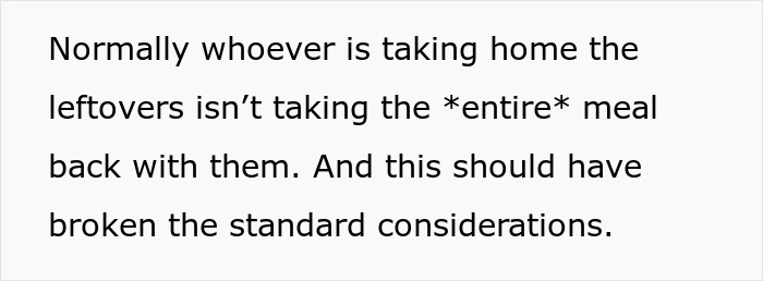 Text discussing meal etiquette and leftovers, highlighting expectations when a meal is taken home. Text discussing meal etiquette and leftovers, highlighting expectations when a meal is taken home.