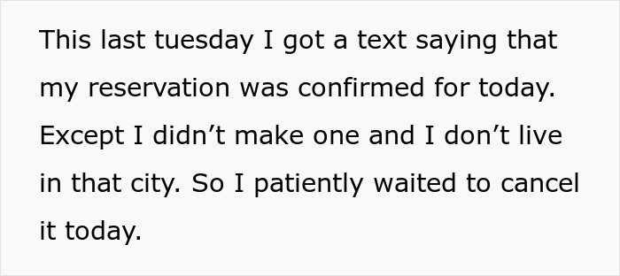 Text message about reservation confusion on Valentine's Day, waiting to cancel.