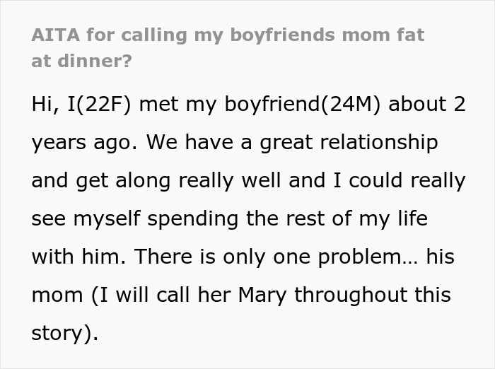 Text from a story about calling a boyfriend's mom fat during dinner, titled AITA. Text from a story about calling a boyfriend's mom fat during dinner, titled AITA.