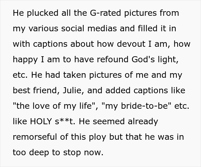 Text screenshot discussing a teen's fake account and ploy involving social media captions and religious themes.