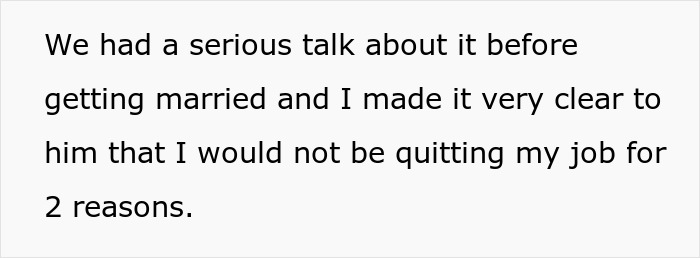 Text about marital discussion on quitting a job for two reasons. Text about marital discussion on quitting a job for two reasons.