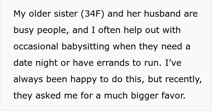 Text discussing childless 29-year-old asked to babysit nephews for a week, highlighting family expectations and responsibilities.