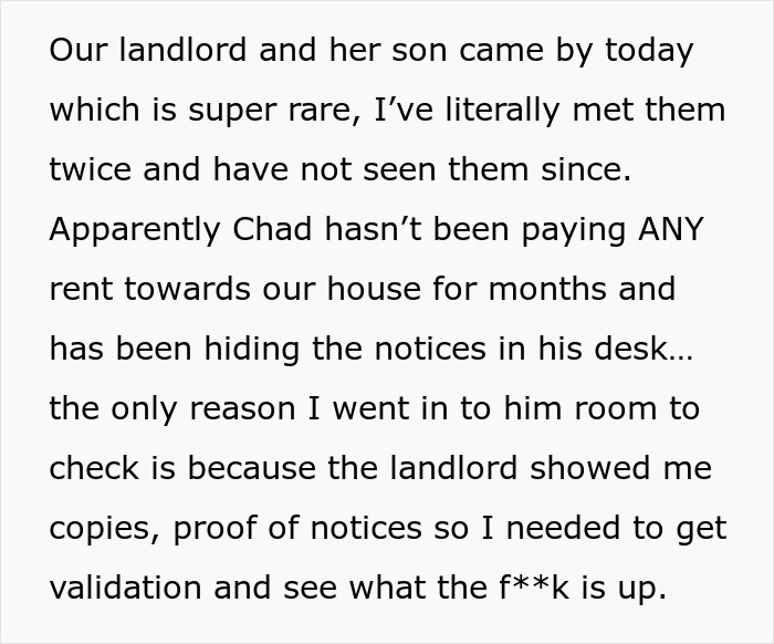 Text revealing a roommate's hidden rent notices, confronting issues with payment and landlord interaction. Text revealing a roommate's hidden rent notices, confronting issues with payment and landlord interaction.