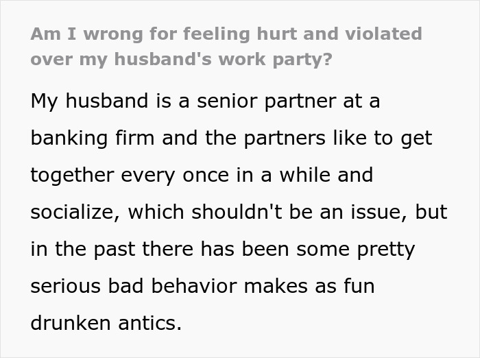 Text discussing feelings of hurt over a husband's coworker behavior at work parties.