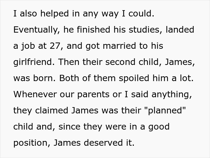 Text discussing a family's dynamics, focusing on a "golden child" and parental spoiling.