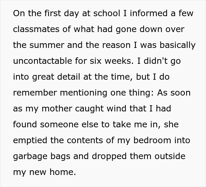 Text image depicting a teen sharing a story about their mother's harsh behavior and a surprising stranger's revenge.