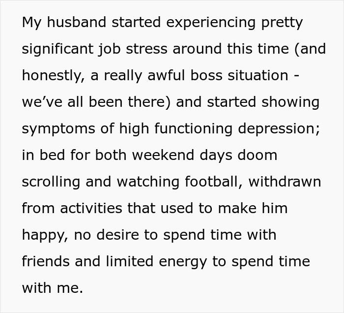 Text describing job stress, depression symptoms, and withdrawal from enjoyable activities.