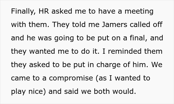 Text exchange about HR meeting and compromise over James's final warning. Text exchange about HR meeting and compromise over James's final warning.
