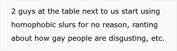 Text image discussing homophobic slurs and rants in a bar setting.