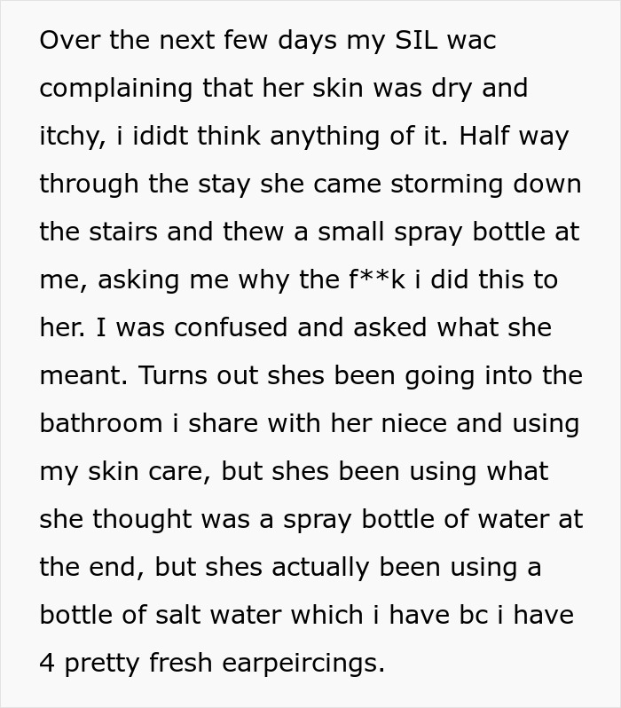 Text about SIL accidentally using salt water instead of expensive skincare, leading to skin issues and regret.