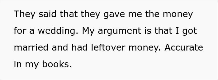 Text discussing accepting money from parents for a wedding but choosing to elope. Text discussing accepting money from parents for a wedding but choosing to elope.