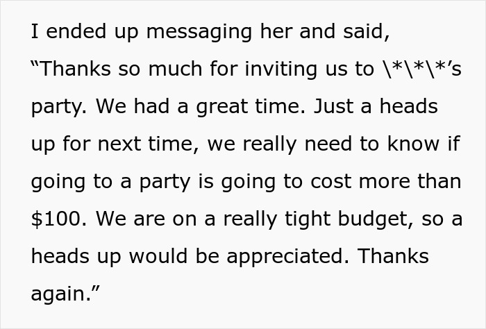 Text message about unexpected $200 bill at friend's fancy dinner party, mentioning budget concerns. Text message about unexpected $200 bill at friend's fancy dinner party, mentioning budget concerns.