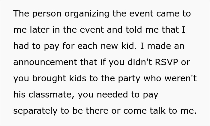 Text about a parent addressing unexpected guests and costs at their son's party; focuses on RSVPs and event expenses.