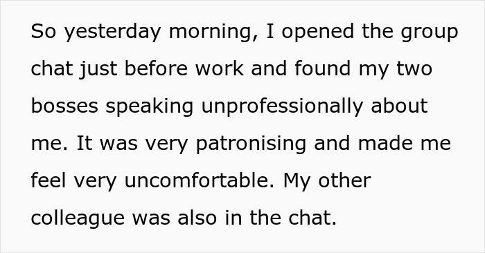 Screenshot of a group chat with a story about unprofessional managers making someone uncomfortable.