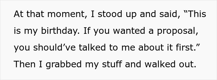 Text recounting a reaction to a proposal during a boyfriend's birthday celebration.