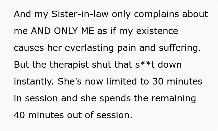 Text image about a conflict involving a sister-in-law and a therapy session.