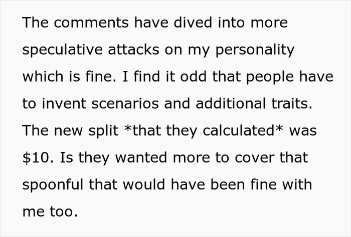 Text discussing attacks on personality, calculation of a meal split, and a preferred alternative share of $10. Text discussing attacks on personality, calculation of a meal split, and a preferred alternative share of $10.