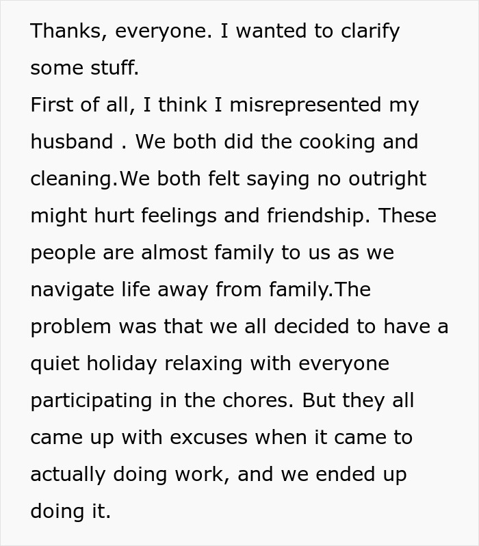 Text explaining a woman's frustration about doing cooking and cleaning alone on vacation with friends.