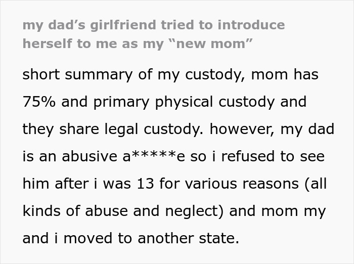 Text about dad's girlfriend introducing herself as "new mom" and custody issues. Text about dad's girlfriend introducing herself as "new mom" and custody issues.