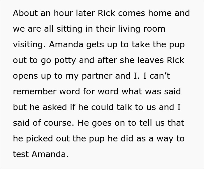 Text describing a conversation about testing a fiancée's nurturing qualities using a dog. Text describing a conversation about testing a fiancée's nurturing qualities using a dog.