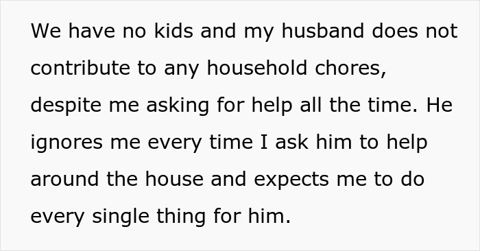 Text describing marital issues over household chores and job-related divorce threat. Text describing marital issues over household chores and job-related divorce threat.