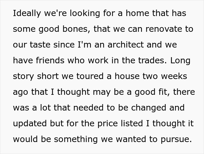 Text from a private home tour discussing renovation potential and architectural preferences. Text from a private home tour discussing renovation potential and architectural preferences.