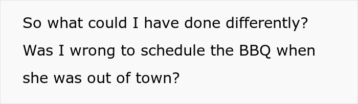 Text discussing scheduling a BBQ while someone was out of town, related to vegan family dynamics and feelings. Text discussing scheduling a BBQ while someone was out of town, related to vegan family dynamics and feelings.