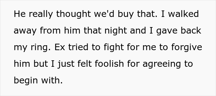 Text about a woman telling the truth to an ex's family, describing her decision to leave and feeling foolish for forgiving.
