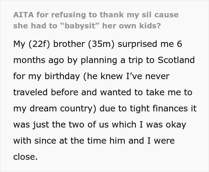 Text about brother gifting sister a birthday trip, sister-in-law upset for not being thanked for babysitting their kids.