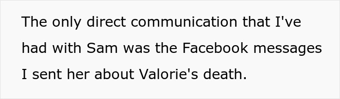 Text discussing inheritance communication via Facebook messages about Valorie's death.
