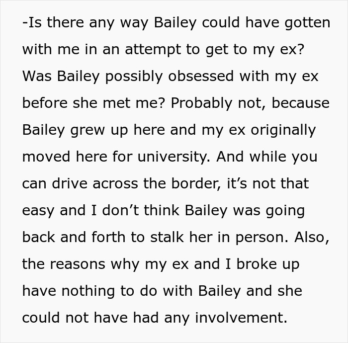 Text discussing a husband's thoughts on his wife possibly stalking his ex.