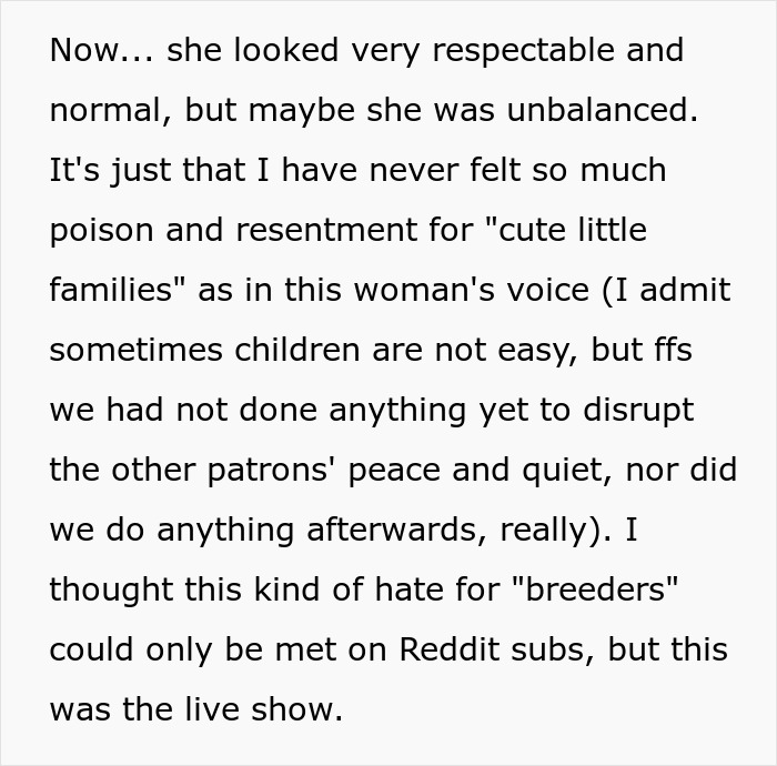 Text describing resentment toward cute little families in a restaurant setting.