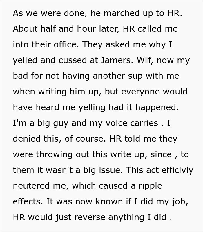 Text detailing a worker's meeting with HR, focusing on a disagreement over conduct and its implications. Text detailing a worker's meeting with HR, focusing on a disagreement over conduct and its implications.