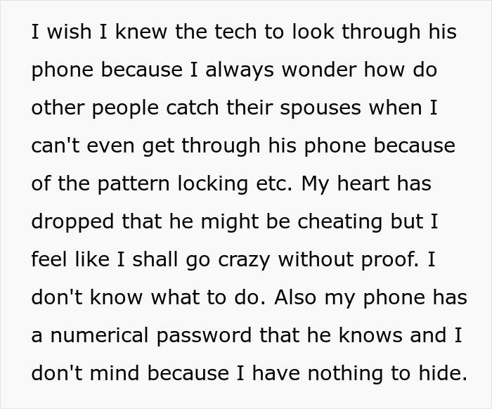 Text about a wife concerned about her husband's secrecy during his overseas trip.