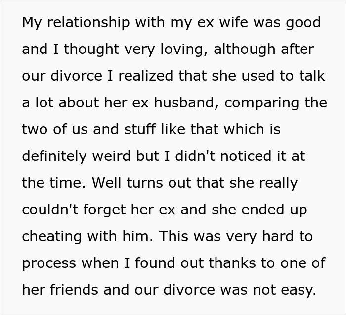 Text describing a breakup with a cheating ex-wife, referencing her feelings for her previous ex-husband.