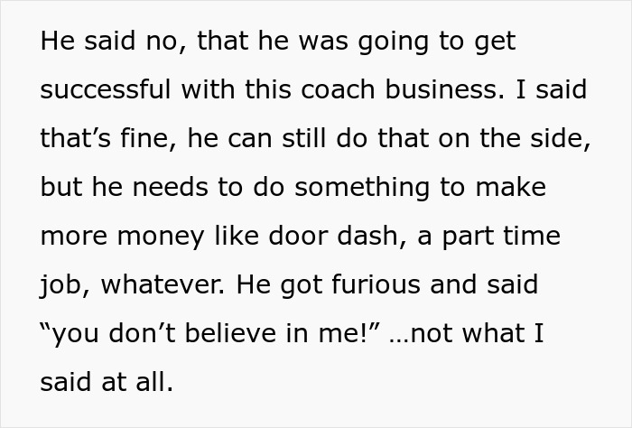 Text discussing job-hopper's plan to pursue coaching and wife's insistence on a stable job.