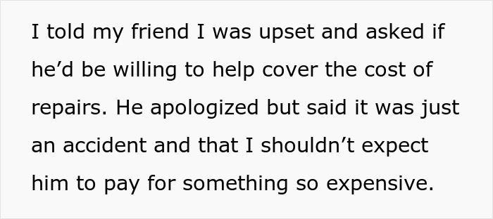 Text about asking a friend to pay for damage to a leather bag.