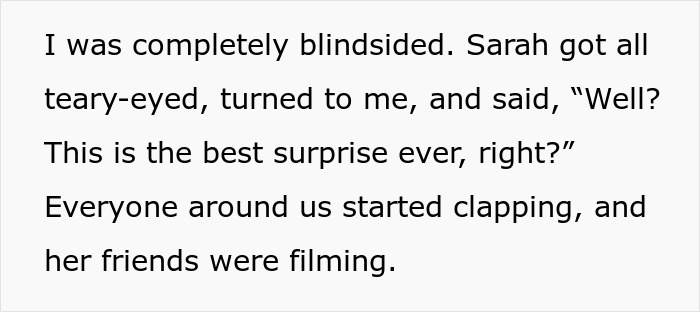 Text describes a surprising proposal moment, with a woman using a birthday to propose to herself.