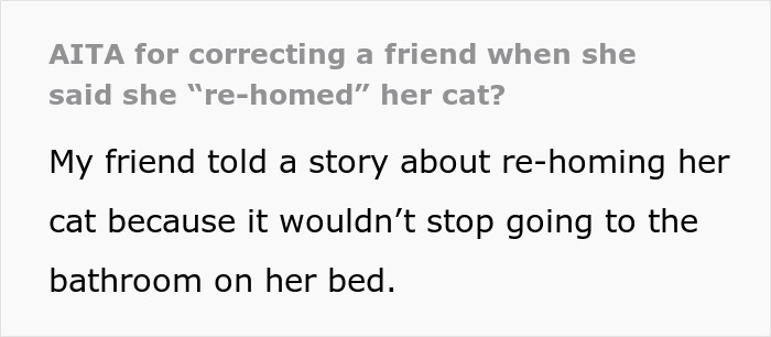 Text discussing a friend defending a cat's re-homing situation.