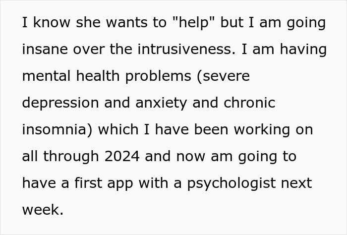 Text discussing mom's intrusiveness and its impact on mental health, mentioning severe depression and upcoming psychologist appointment. Text discussing mom's intrusiveness and its impact on mental health, mentioning severe depression and upcoming psychologist appointment.