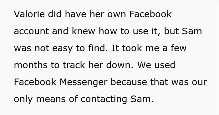 Text discusses using Facebook Messenger to contact Sam regarding inheritance.