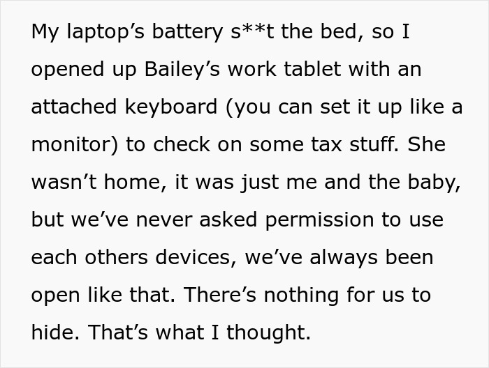 Text from a personal story about trust and device privacy, illustrating unexpected discoveries within a relationship.
