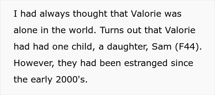 Text discussing Valorie's estrangement from her daughter and inheritance issues.