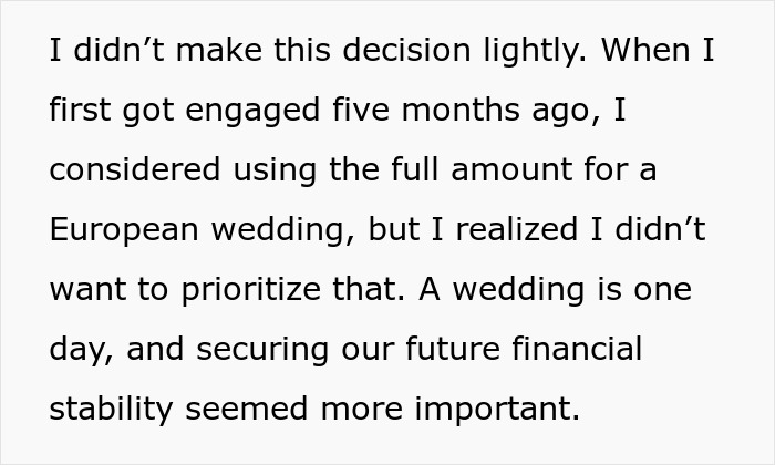 Text about considering a European wedding but choosing financial stability instead. Text about considering a European wedding but choosing financial stability instead.