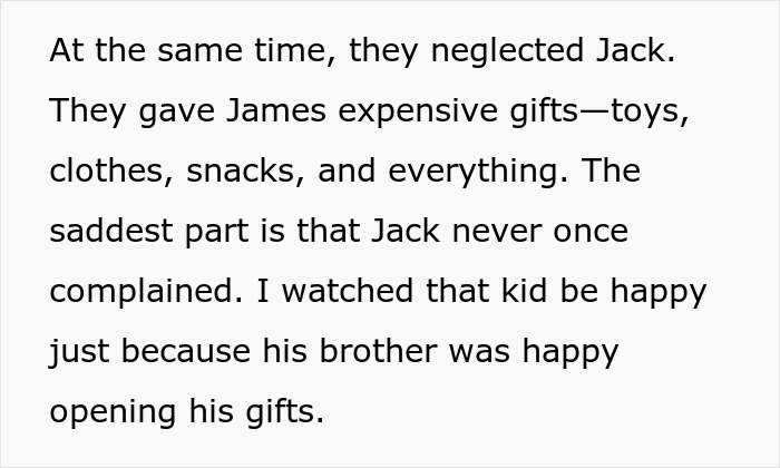 Text discussing neglect of Jack, who stayed happy for his brother James, the favored "golden child" receiving gifts.