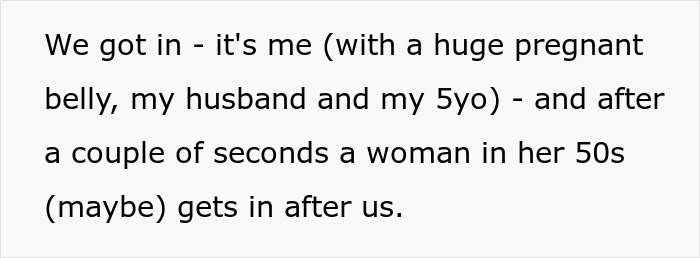 Text describing a pregnant woman, her husband, and child at a restaurant, followed by a woman in her 50s.