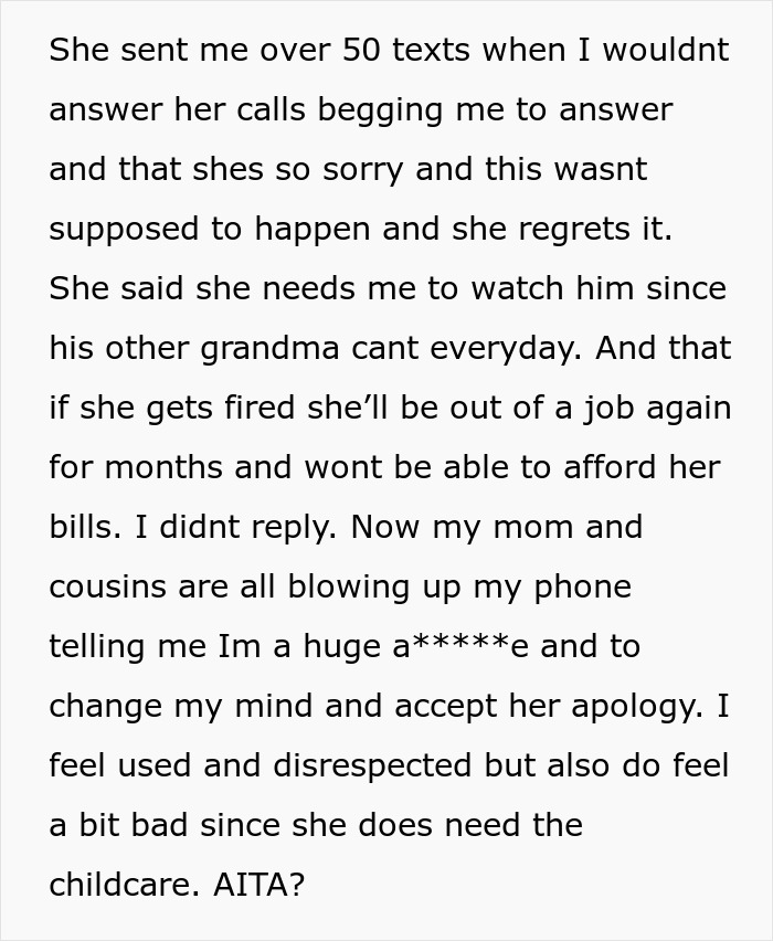 Text exchange about babysitting argument involving ungrateful sister, highlighting feelings of disrespect and regret. Text exchange about babysitting argument involving ungrateful sister, highlighting feelings of disrespect and regret.