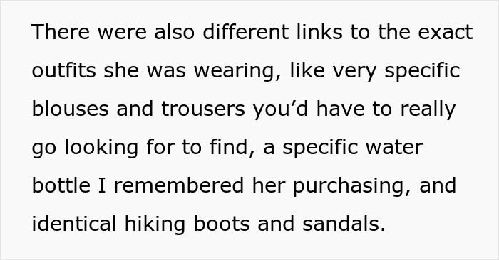 Text highlighting wife's imitation of husband's ex through specific outfit and accessory links.