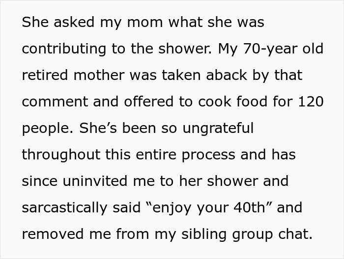 Text excerpt about a family conflict over a baby shower, leading to uninvitation. Text excerpt about a family conflict over a baby shower, leading to uninvitation.